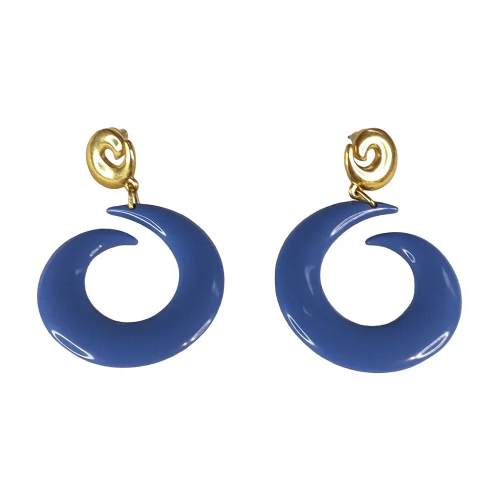 Large Blue and Gold Swirl/Spiral Hanging Earrings